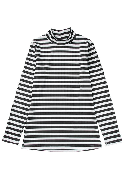 Black Striped Print Textured Knit Long Sleeve Tee-Tops-MomFashion