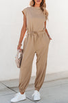 Light French Beige Cap Sleeve Open Back Drawstring Jogger Jumpsuit-Bottoms-MomFashion
