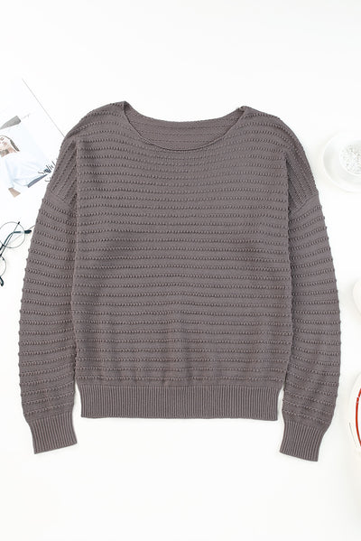 Gray Textured Knit Round Neck Dolman Sleeve Sweater-Tops-MomFashion