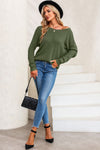 Green Textured Knit Round Neck Dolman Sleeve Sweater-Tops-MomFashion