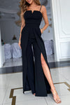 Black Spaghetti Straps Slit Leg Jumpsuit with Pockets-Bottoms-MomFashion