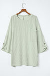 Green Ribbed Roll-tab Sleeve Chest Pocket Oversize Top-Tops-MomFashion