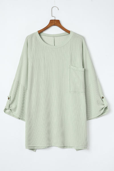 Green Ribbed Roll-tab Sleeve Chest Pocket Oversize Top-Tops-MomFashion