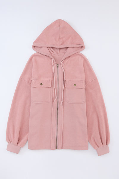 Pink Flap Pocket Drawstring Hood Zip Up Jacket-Outerwear-MomFashion