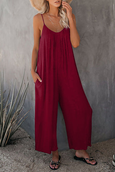 Red Spaghetti Straps Wide Leg Pocketed Jumpsuits-Bottoms-MomFashion