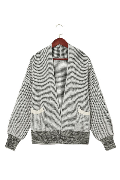 Gray Chunky Waffle Knit Oversized Collar Cardigan-Tops-MomFashion