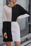 Black Ribbed Color Block Drop Shoulder Long Sleeve Mini Dress-Dresses-MomFashion