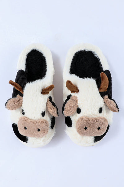 White Cartoon Animal Cow Plush Slippers-Shoes & Bags-MomFashion