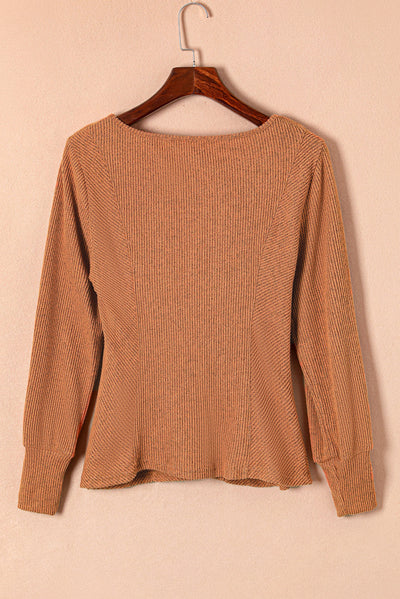 Brown U Neck Textured Long Sleeve Top-Tops-MomFashion