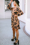 Leopard Print Button Front Bubble Sleeve Loose Knit Dress-Dresses-MomFashion