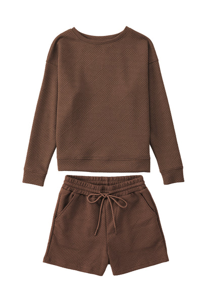 Brown Textured Long Sleeve Top and Drawstring Shorts Set-Loungewear-MomFashion