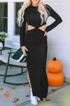 Black Ribbed Twist Cutout Long Sleeve Dress-Dresses-MomFashion