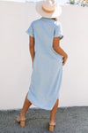 Sky Blue Chambray Shirt Short Sleeves Midi Dress-Dresses-MomFashion