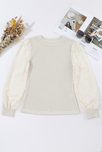 Beige Sunflower Mesh Bubble Sleeve Waffle Knit Top-Tops-MomFashion