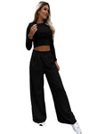 Black Crop Top and Wide Leg Pants Two Piece Set-Loungewear-MomFashion