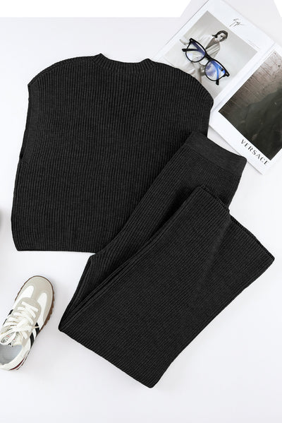 Black Knitted V Neck Sweater and Casual Pants Set-Loungewear-MomFashion