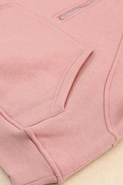 Pink Quarter Zip Kangaroo Pocket Hoodie-Tops-MomFashion