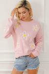 Pink Chenille Daisy Stitching Crew Neck Sweater-Tops-MomFashion