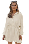 Beige Button Pockets Drawstring Waist Dress-Dresses-MomFashion