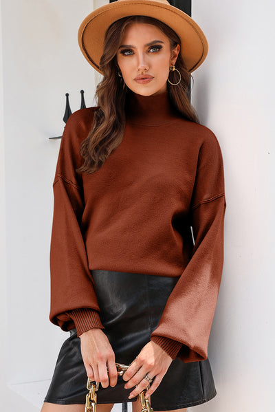 Brown Turtleneck Drop Shoulder Bubble Sleeve Knit Sweater-Tops-MomFashion