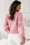 Pink Floral Pattern Drop Shoulder Sweater-Tops-MomFashion