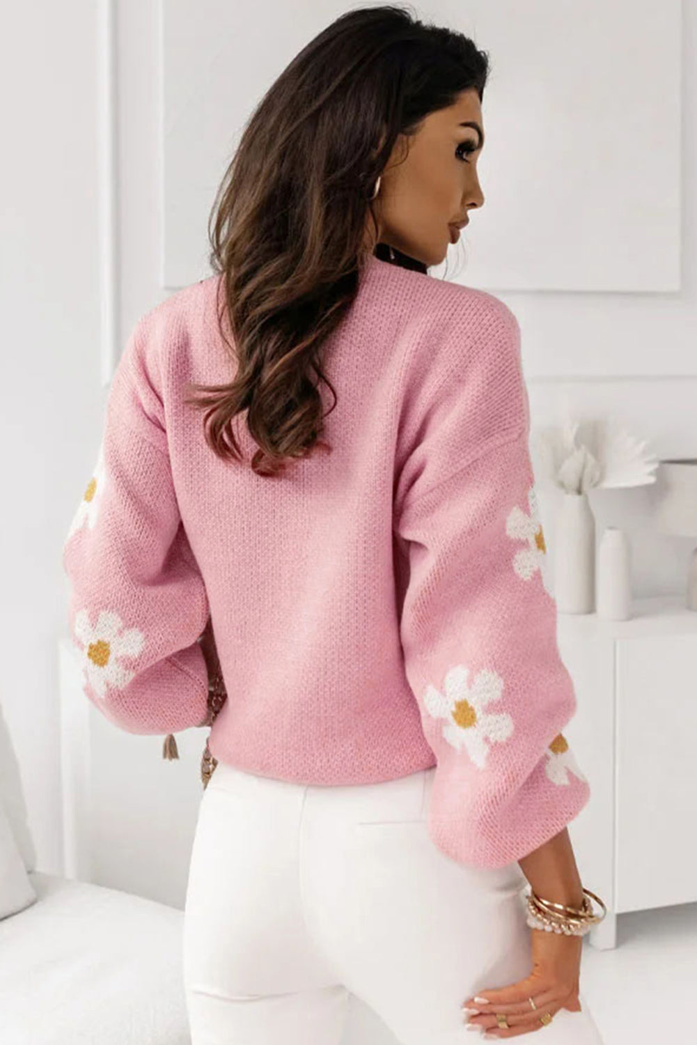 Pink Floral Pattern Drop Shoulder Sweater-Tops-MomFashion