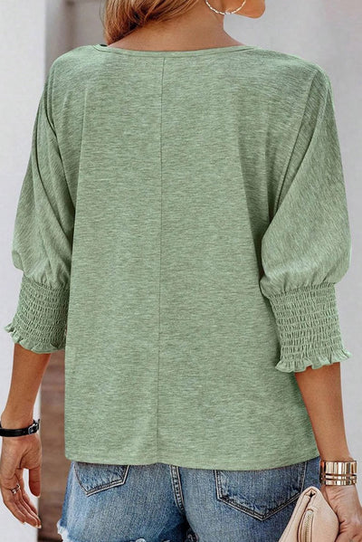 Green Smocked 3/4 Sleeve Casual Loose Top-Tops-MomFashion