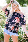 Blue Ruffle Off Shoulder Flounce Sleeve Floral Blouse-Tops-MomFashion