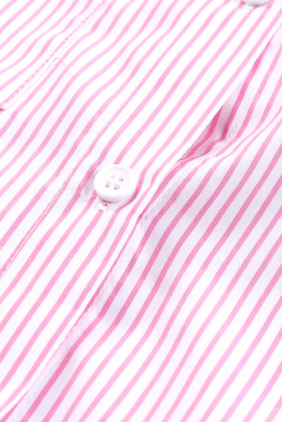 Pink Smocked Cuffed Striped Boyfriend Shirt with Pocket-Tops-MomFashion