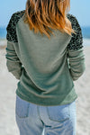 Green Leopard Waffle Knit Buttoned V Neck Blouse-Tops-MomFashion