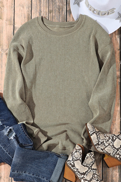 Green Solid Ribbed Knit Round Neck Pullover Sweatshirt-Tops-MomFashion