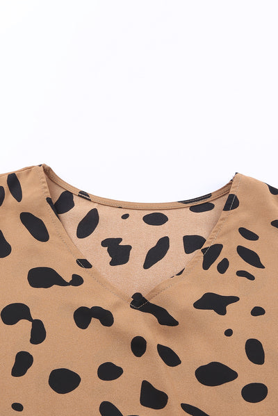 Leopard V Neck Ruffled Cuffs Loose Blouse-Tops-MomFashion