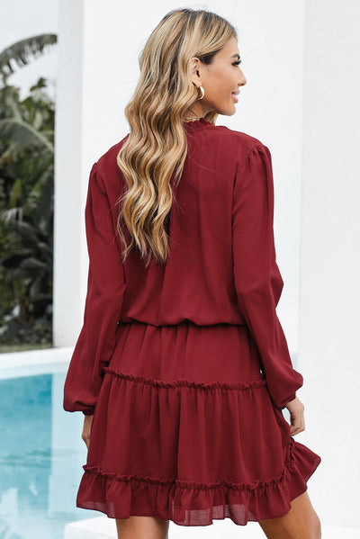 V Neck Long Sleeve Ruffle Tiered Mini Dress-Dresses-MomFashion