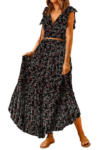 Black Multicolor Floral Ruffled Crop Top and Maxi Skirt Set-Dresses-MomFashion