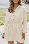 Beige Button Pockets Drawstring Waist Dress-Dresses-MomFashion