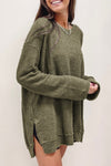 Green Waffle Knit High Slits Oversized Top-Tops-MomFashion