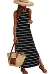 Black Stripe Print Open Back Sleeveless Maxi Dress with Slits-Dresses-MomFashion