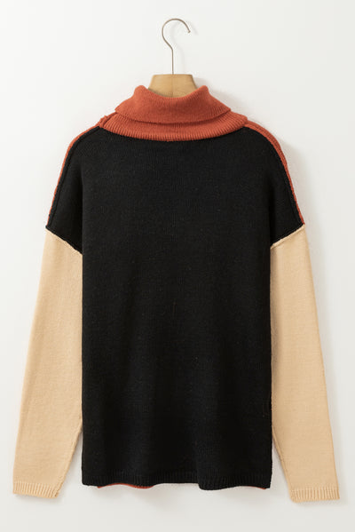 Clay Red Color Block Turtle Neck Drop Shoulder Knit Sweater-Tops-MomFashion