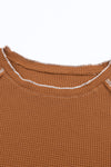 Brown Textured Round Neck Long Sleeve Top-Tops-MomFashion