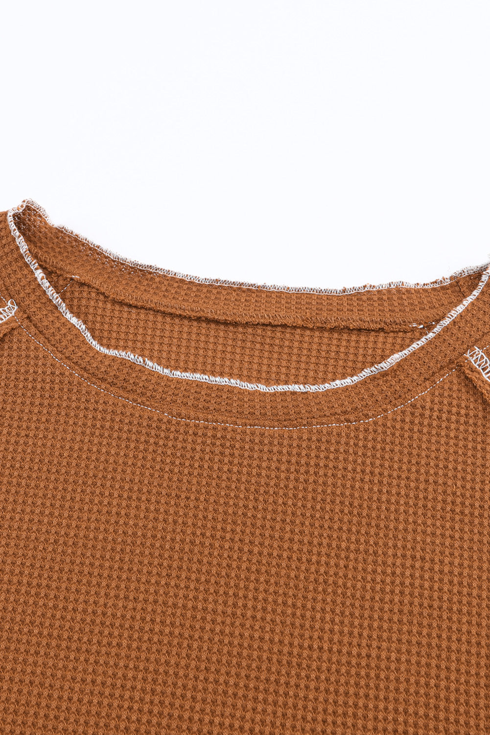 Brown Textured Round Neck Long Sleeve Top-Tops-MomFashion