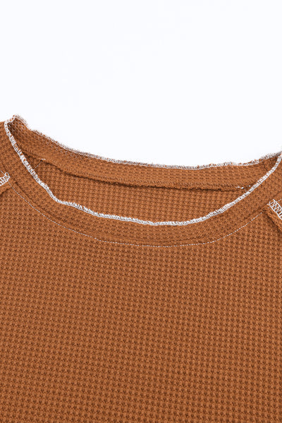 Brown Textured Round Neck Long Sleeve Top-Tops-MomFashion