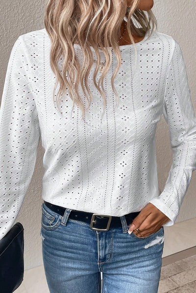 White Floral Lace Splicing Eyelet Long Sleeve Top-Tops-MomFashion