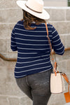 Blue Extend Color Block Cuffs Rib Knit Striped Pullover-Tops-MomFashion