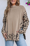 Khaki Leopard High Neck Side Slit Oversized Sweater-Tops-MomFashion