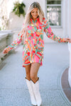 Multicolor Geometric Abstract Print Long Sleeve Shirt Dress-Dresses-MomFashion