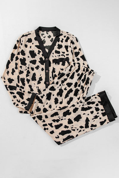 Khaki Cheetah Contrast Trim Loose Fit Two Piece Sleepwear-Loungewear & Sleepwear/Sleepwear-MomFashion