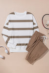 Light French Beige Striped Drop Shoulder Pullover and Jogger Pants Set-Two Piece Sets/Pant Sets-MomFashion