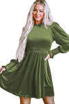 Moss Green Frilled Neck Smocked Bodice Velvet Dress-Dresses-MomFashion