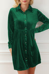 Green Long Sleeve Ruffle Velvet Button Up Dress-Dresses-MomFashion