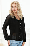 Black V-Neck Long Sleeve Button Up Lace Shirt-Tops-MomFashion